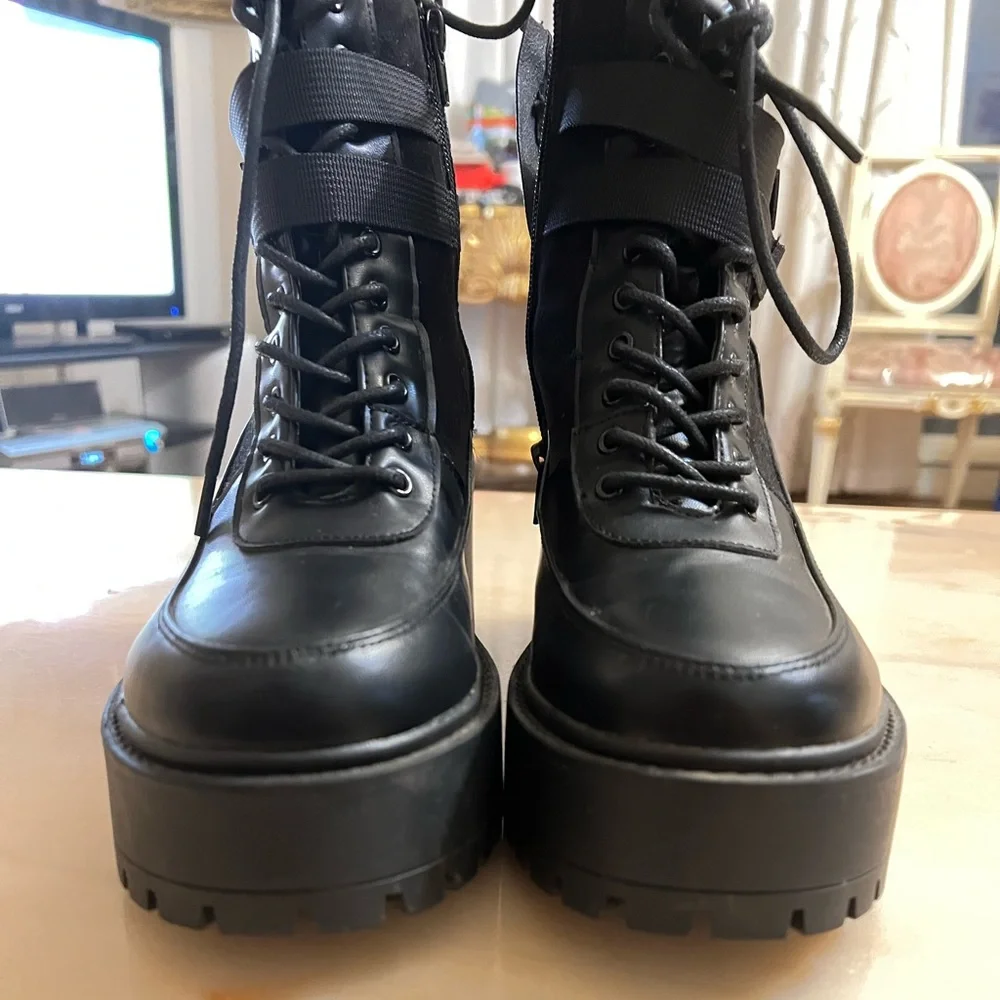 French connection black combat chunky platform lug boots size 10 vegan leather - Picture 6 of 10